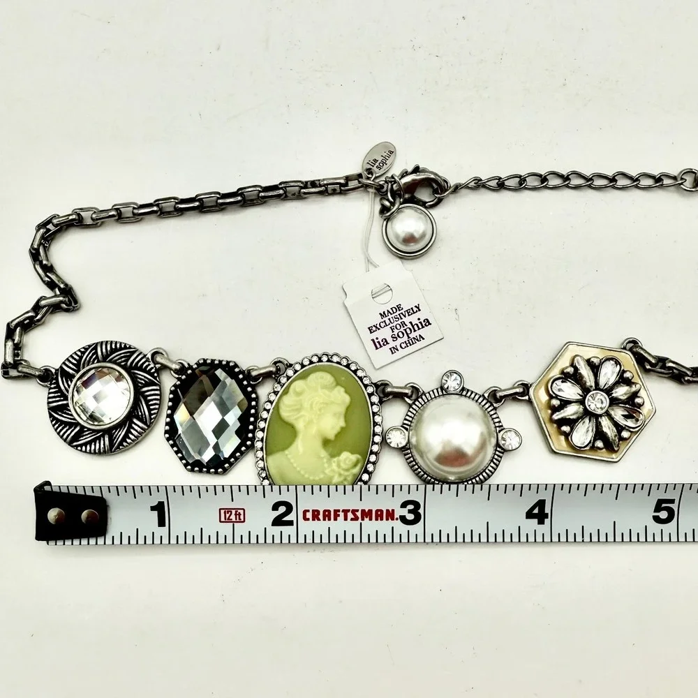 Retirired Lia Sophia Nostalgia Necklace Cameo Crystal Pearl 15–19" Vintage Look - Picture 5 of 9